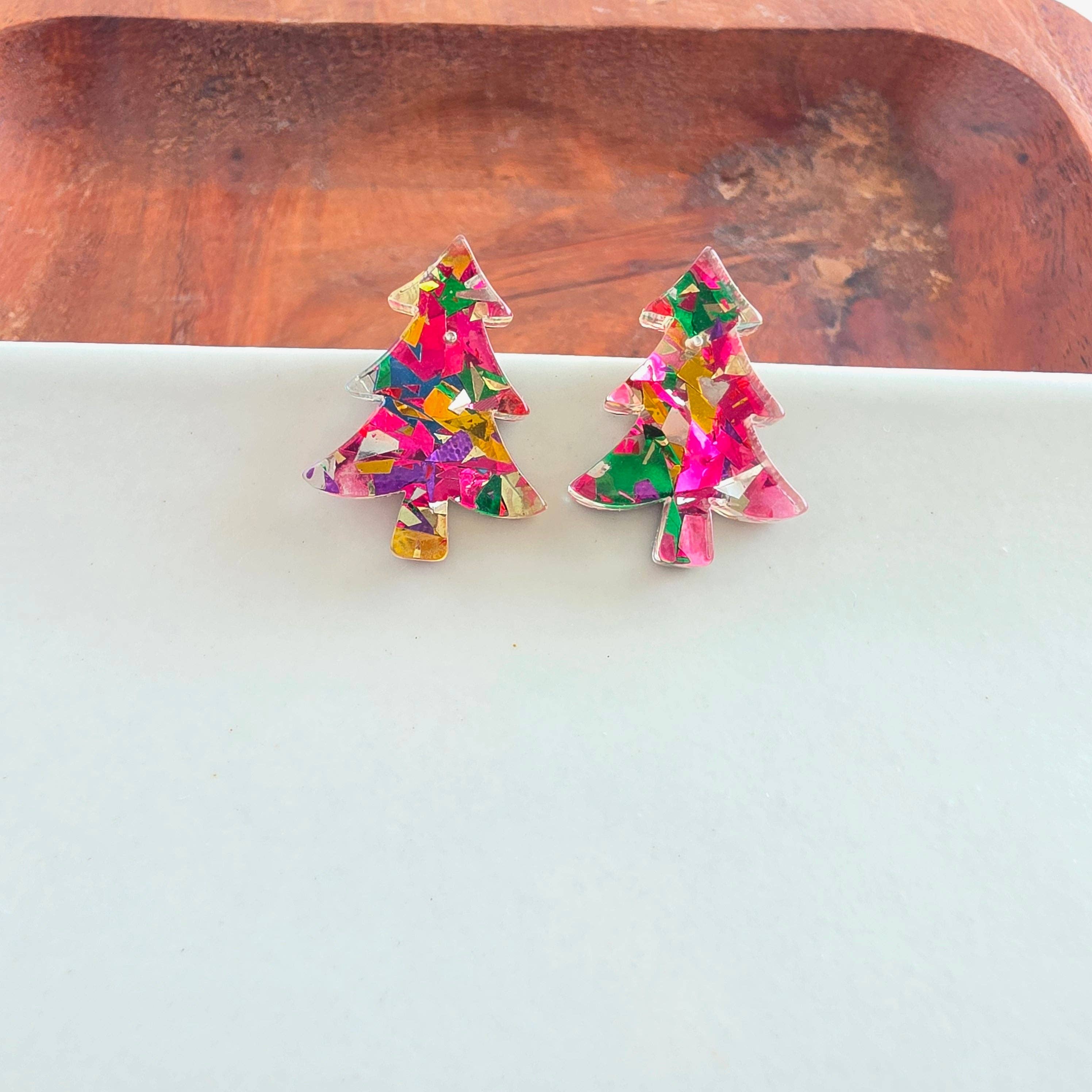 Christmas Tree Studs - Pink Tinsel