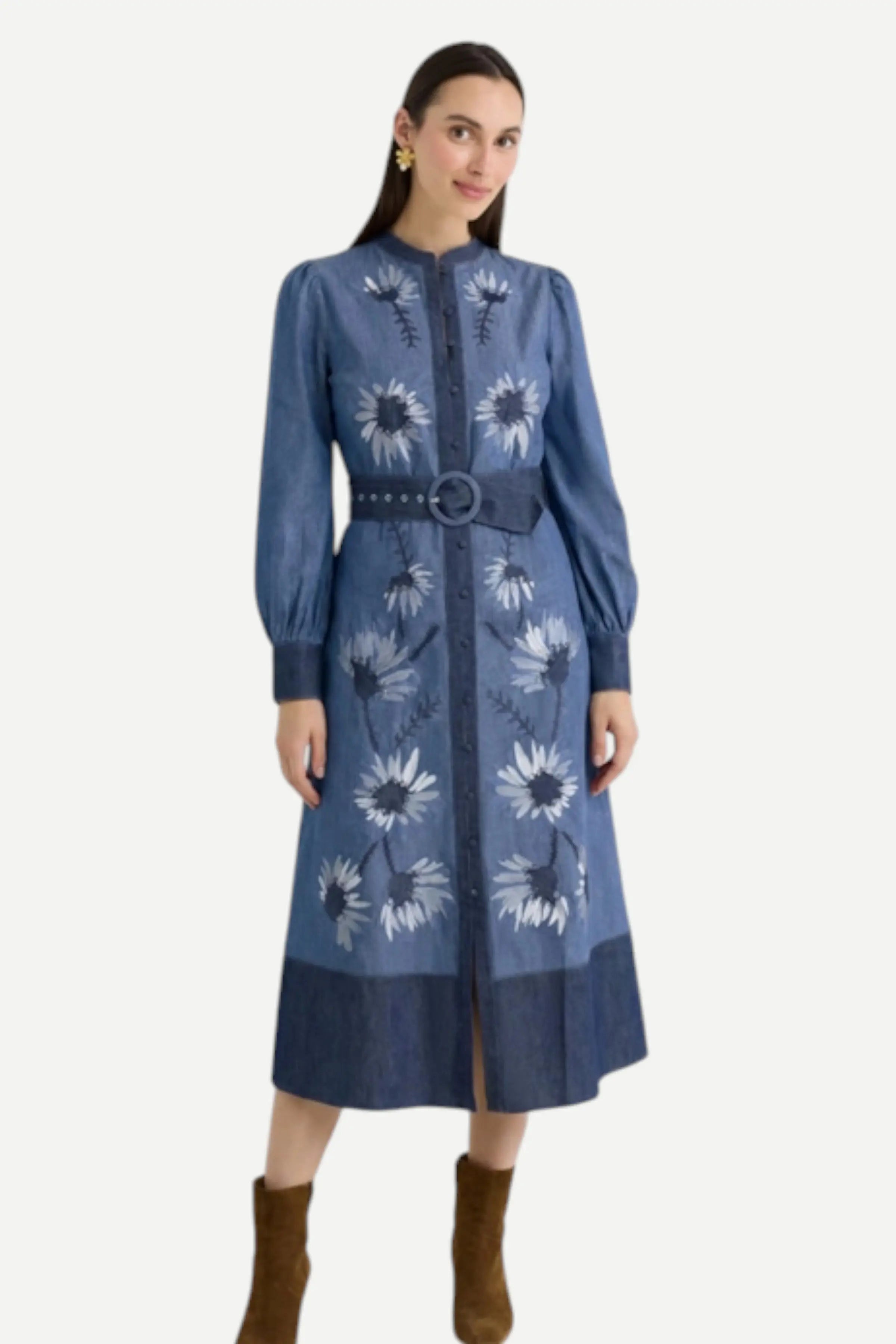 Alivia Suzie Dress in denim floral with sunflower embroidery, belted waist, and long sleeves