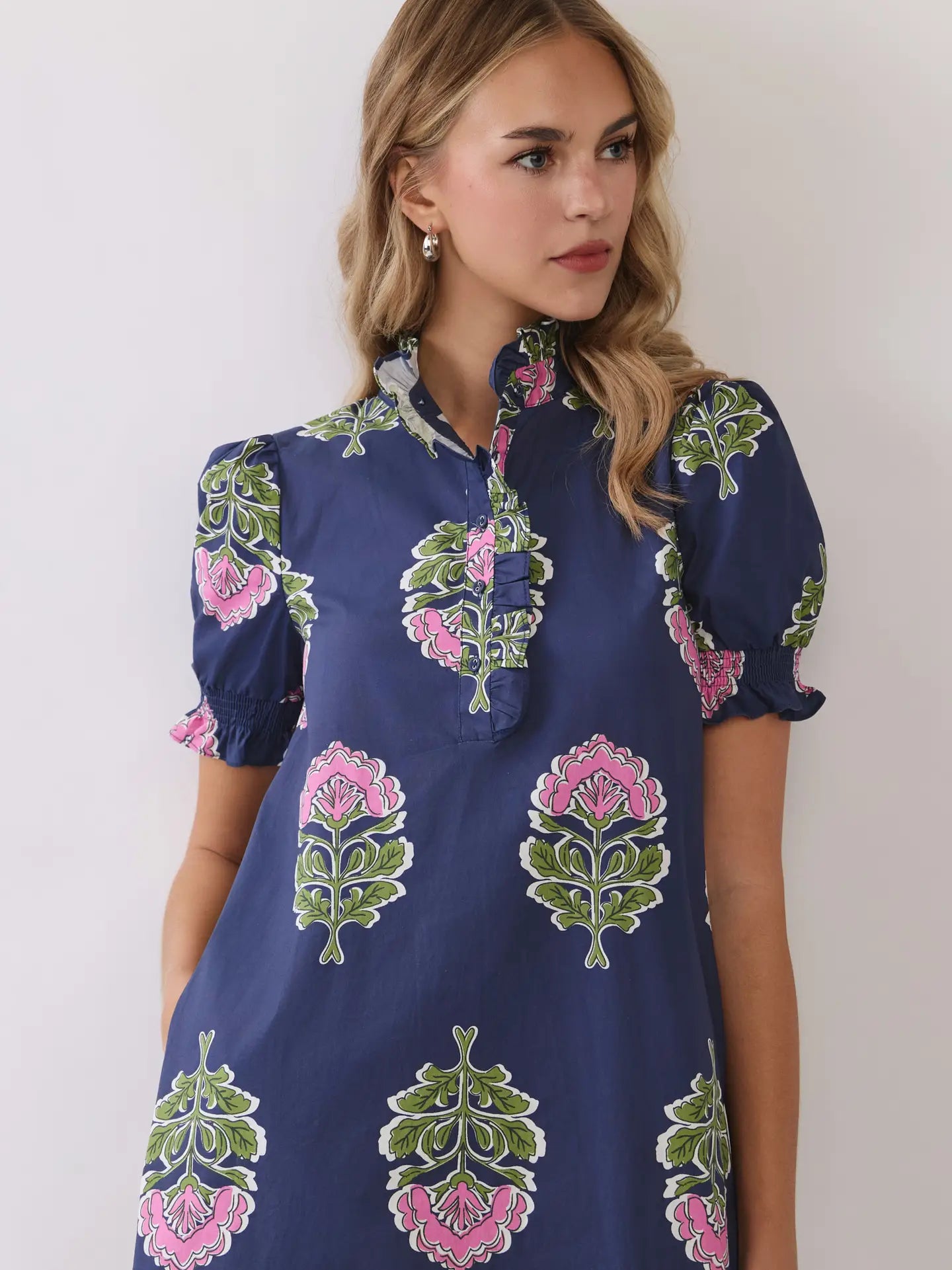 Court Floral Ruffle Collar Midi Dress