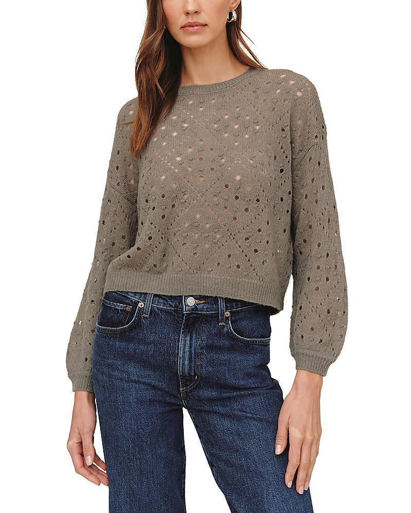 Bella Dahl balloon sleeve cropped sweater in shadow moss with open-knit eyelet pattern