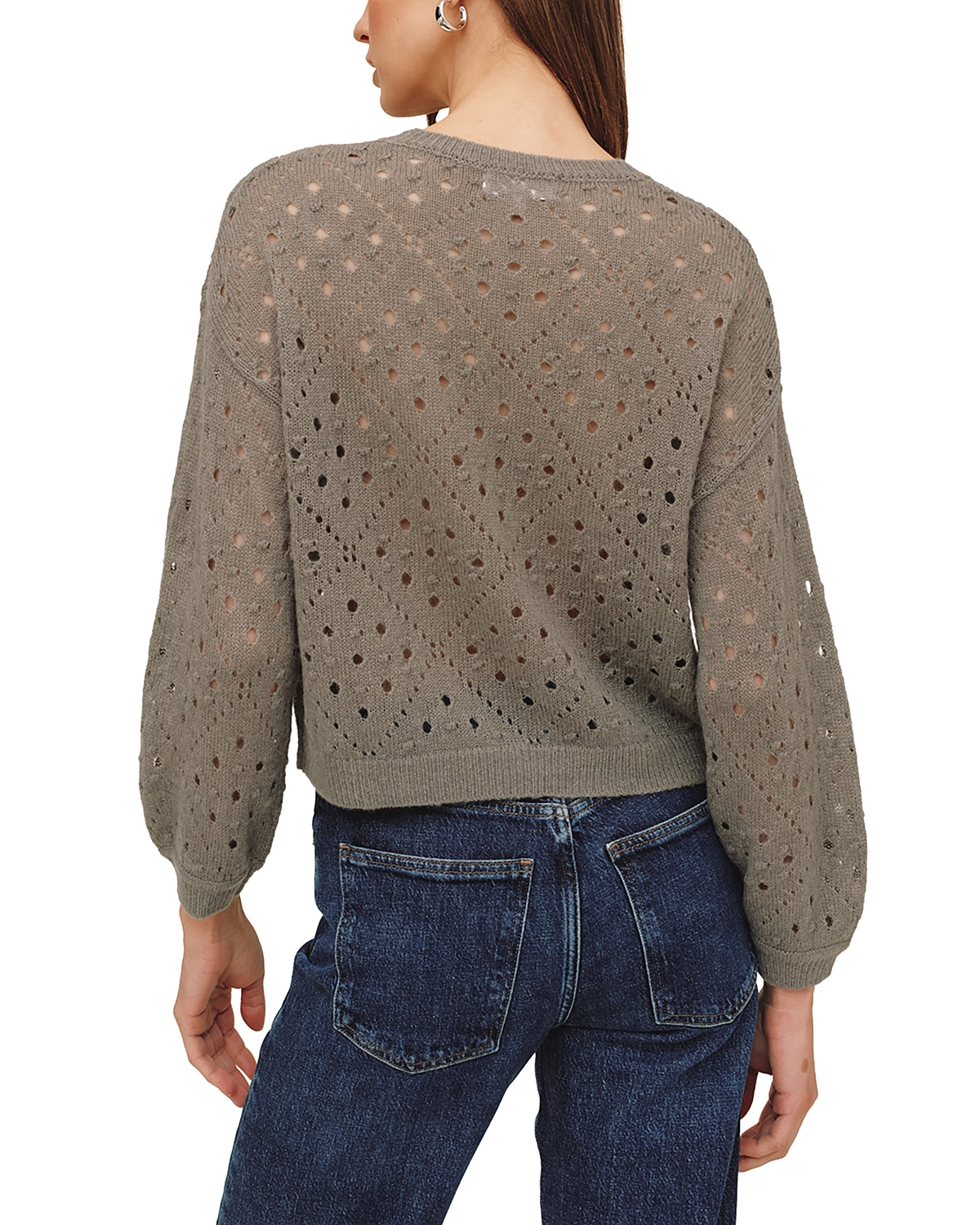 Bella Dahl balloon sleeve open-knit sweater in shadow moss shown from back view