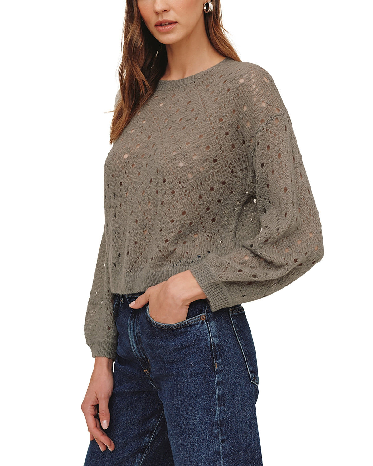 Bella Dahl balloon sleeve open-knit sweater in shadow moss olive green with jeans
