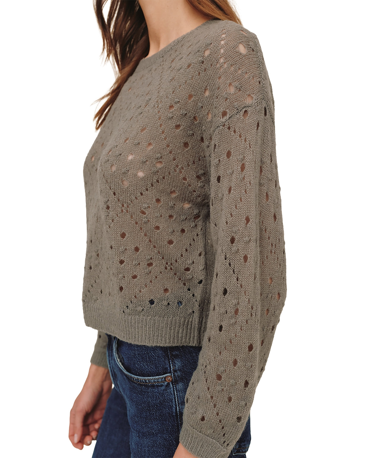 Bella Dahl balloon sleeve open-knit sweater in shadow moss olive green with jeans