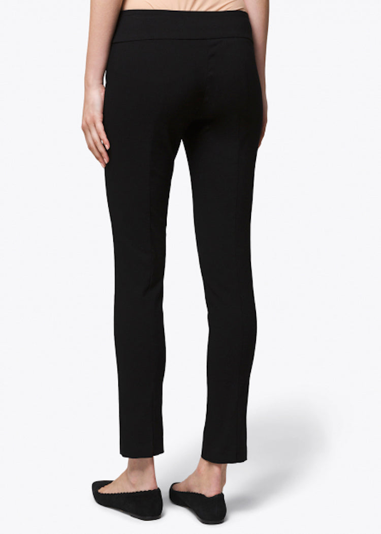 Black straight leg pull-on pants shown from back view with elastic waistband