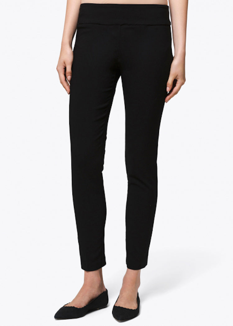 Elliott Lauren black pull-on straight leg pants worn with black flats on model