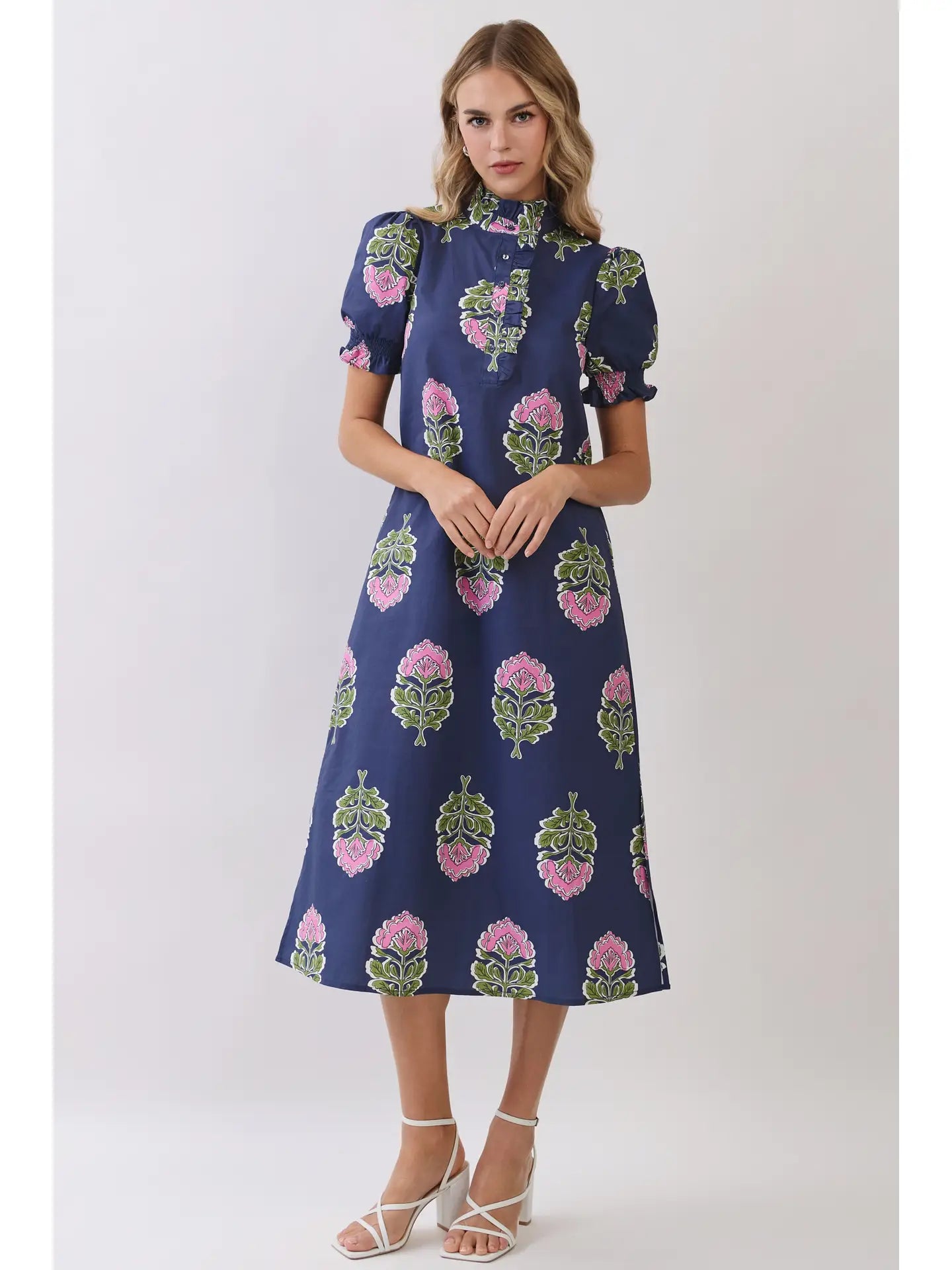 Court Floral Ruffle Collar Midi Dress