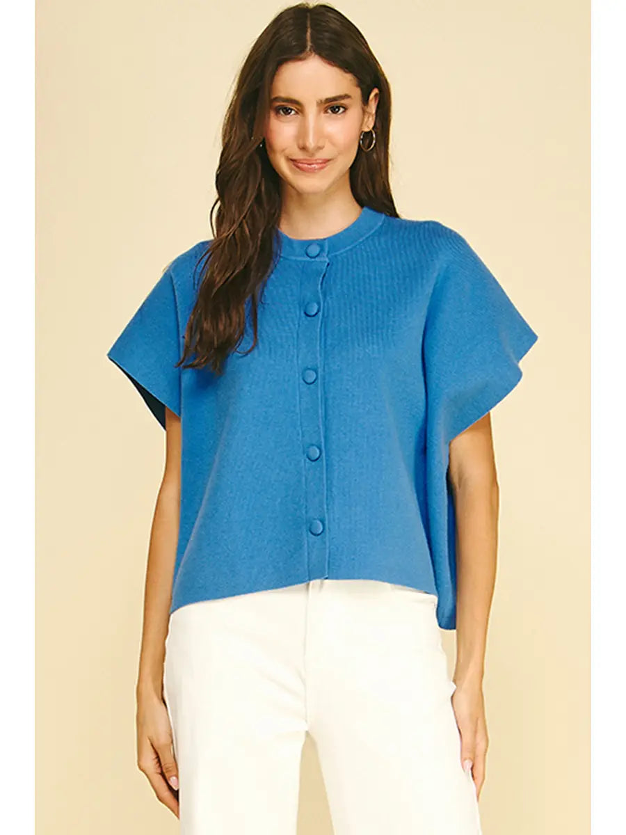 Short Sleeve Button Sweater | Blue