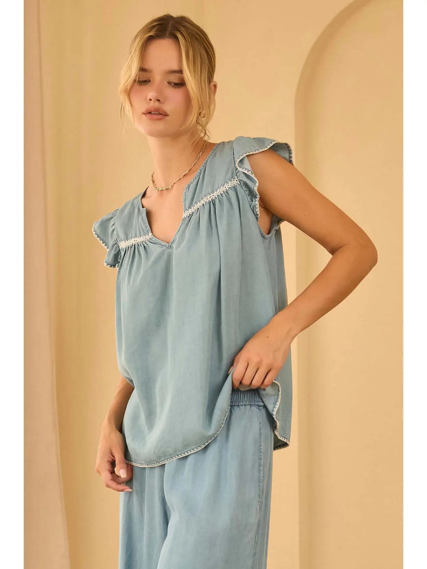 Washed Tencel Embroidered Top