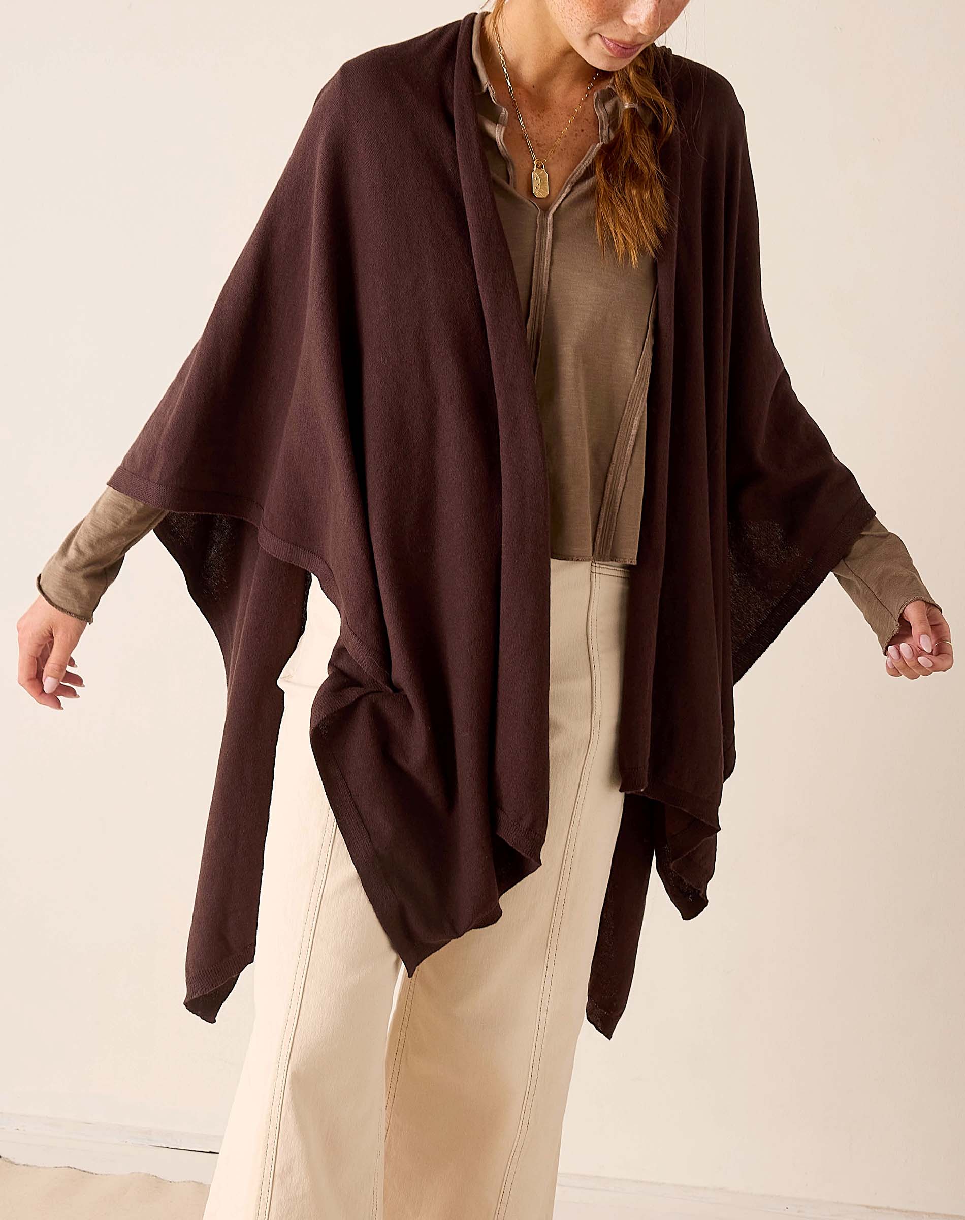 Mer-Sea Charleston Wrap in chocolate brown draped over model with cream wide-leg pants