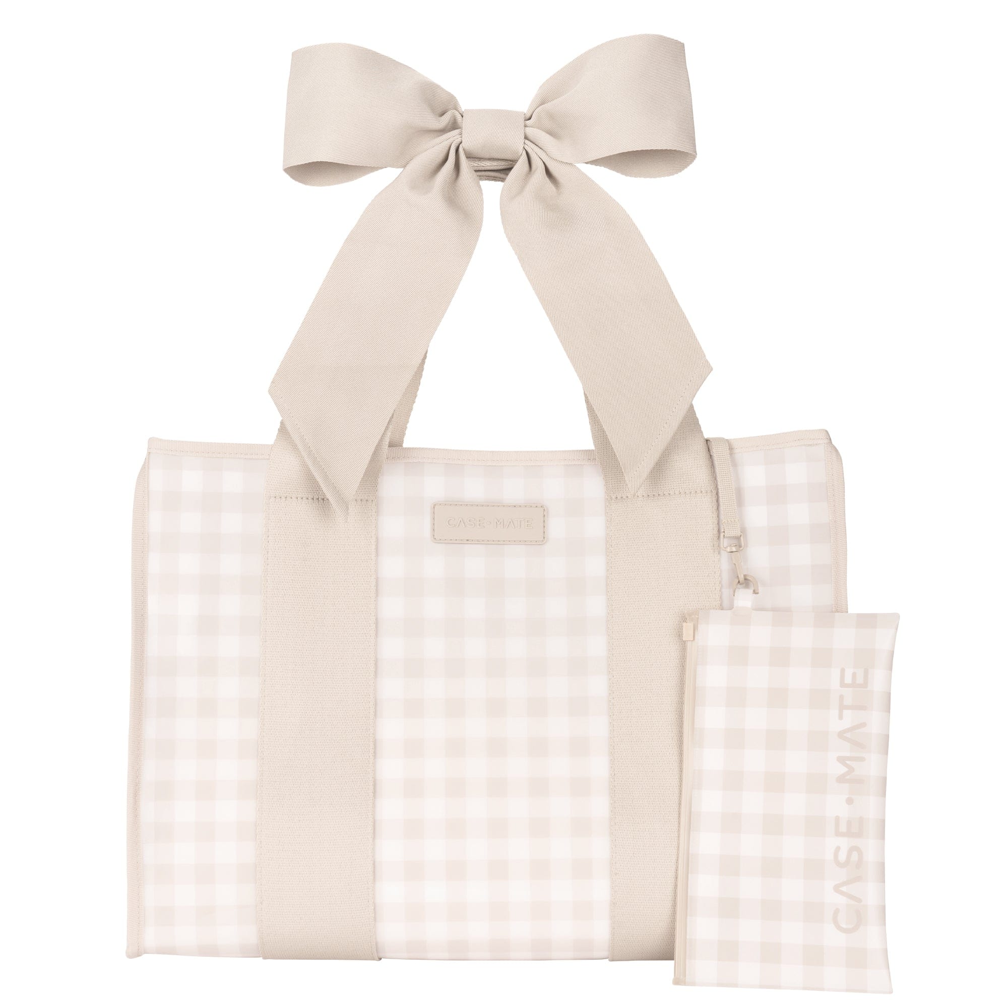Case-Mate Jelly Bow Tote in latte gingham pattern with matching pouch and large bow detail