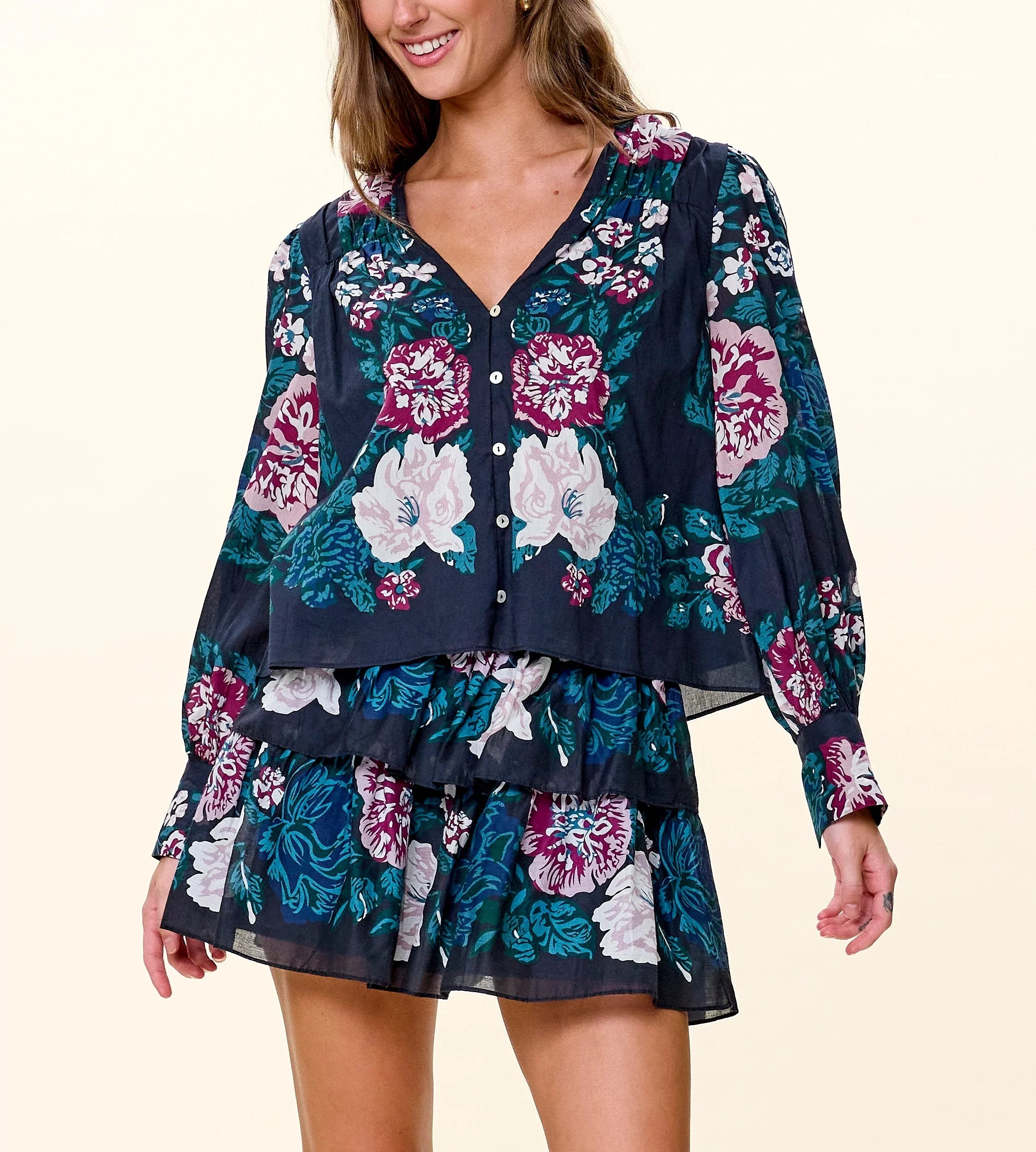 Cleobella Cosima Top in Juliet Ebony Print, navy floral long-sleeve button-front blouse