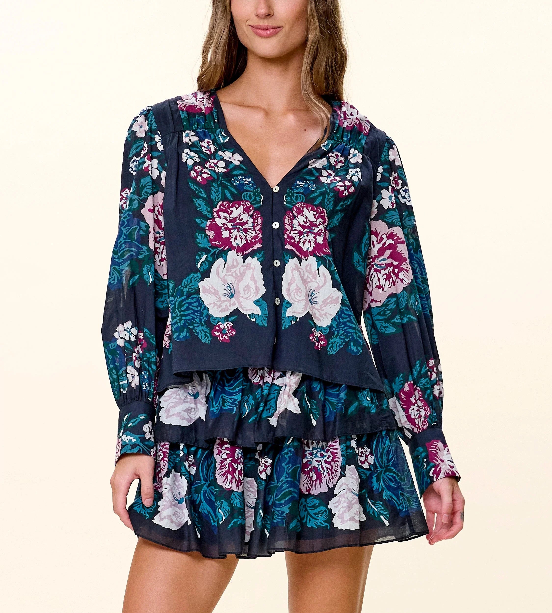 Cleobella Cosima Top in Juliet Ebony Print, navy floral long-sleeve button-front blouse