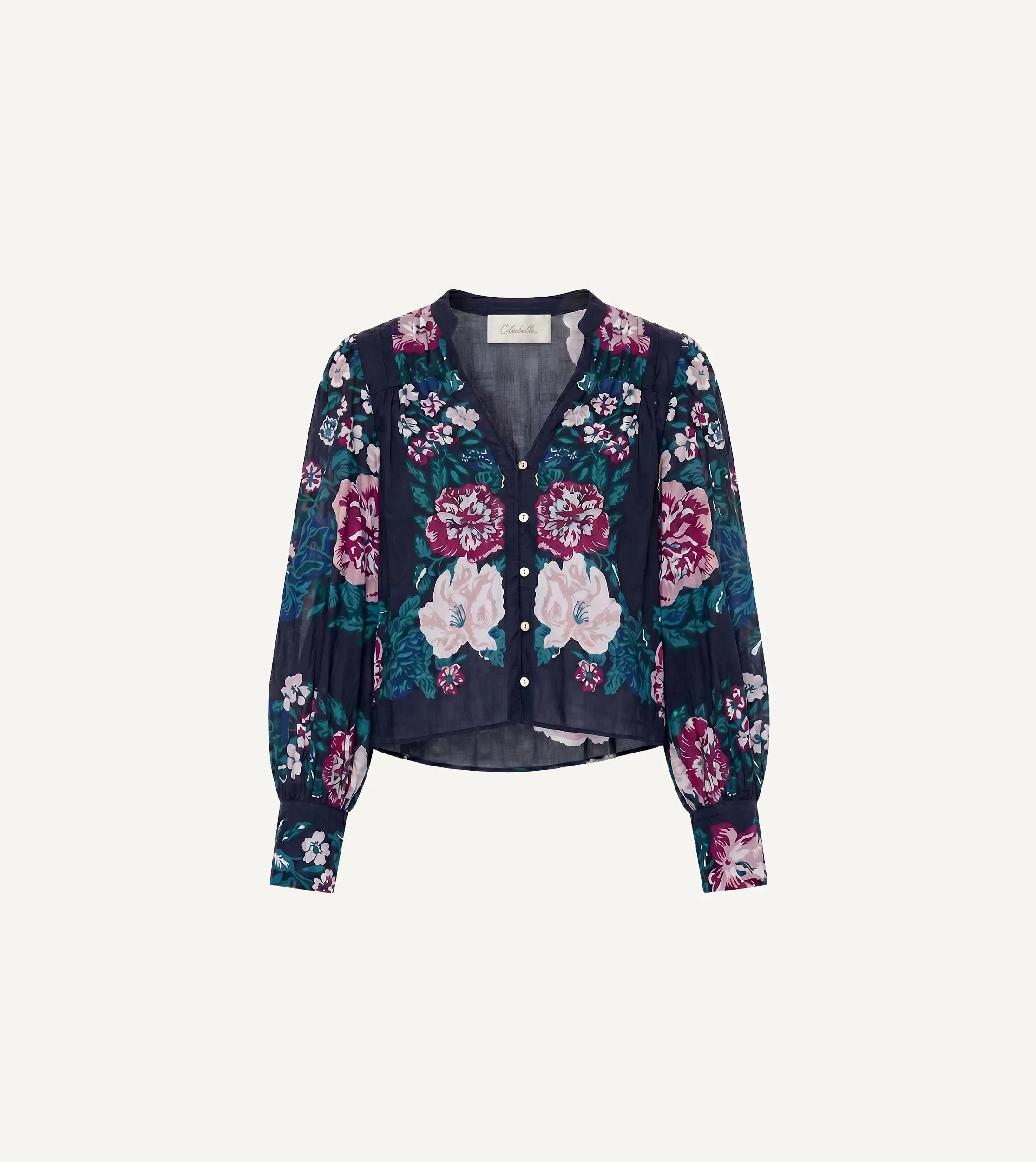 Cleobella Cosima Top in Juliet Ebony Print, navy floral blouse with puff sleeves and button front