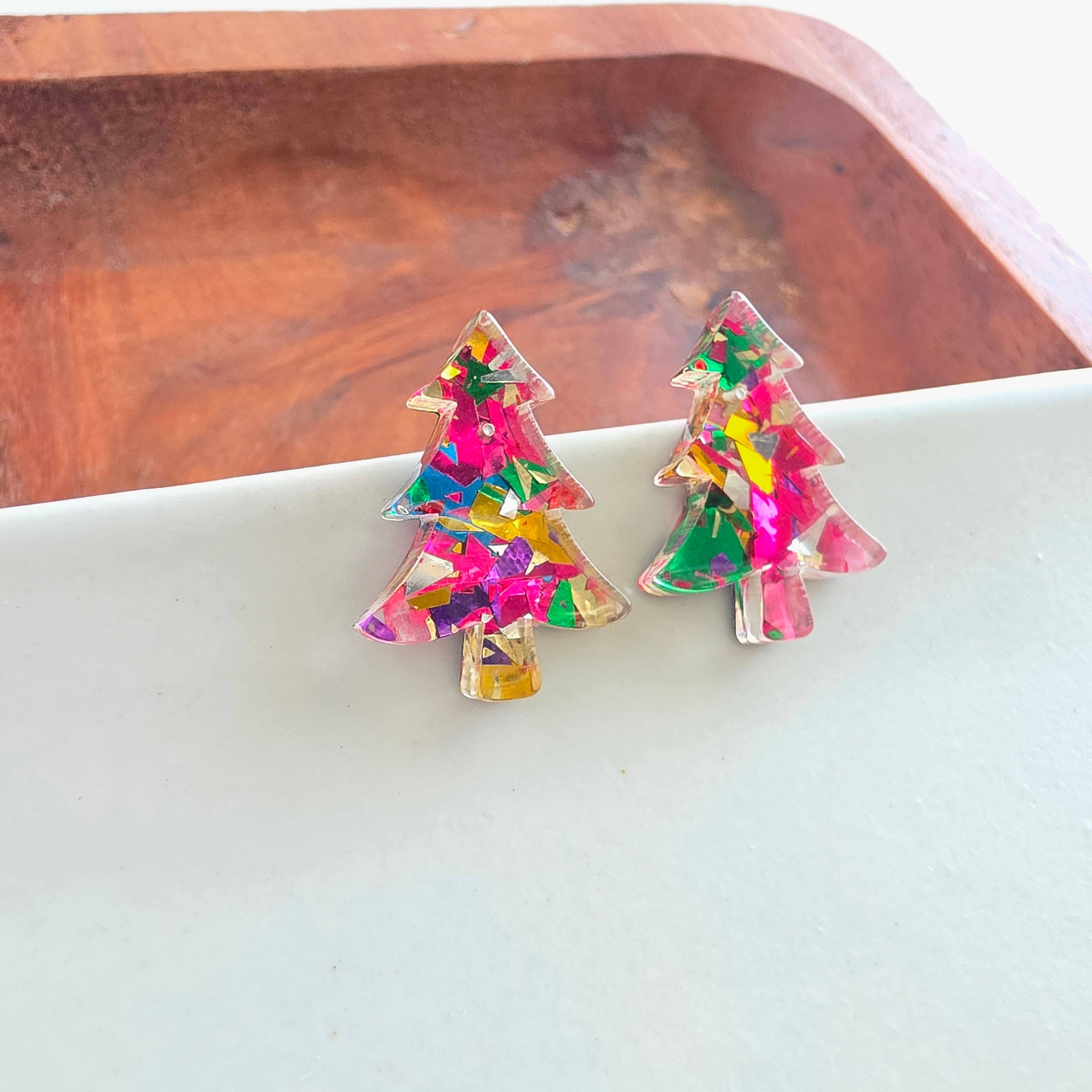 Christmas Tree Studs - Pink Tinsel