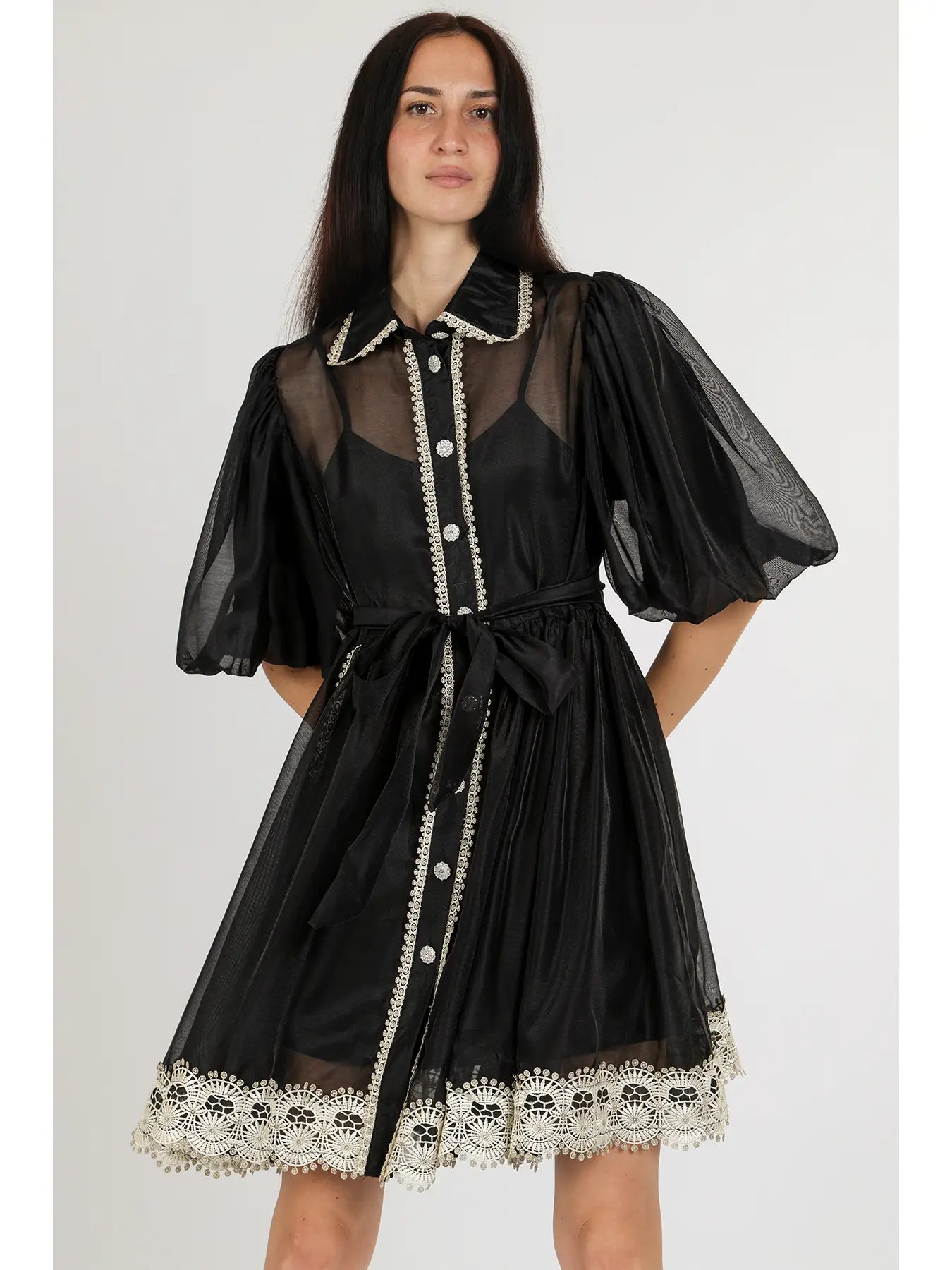 Blake Lace Trim Belted Mini Dress | Black