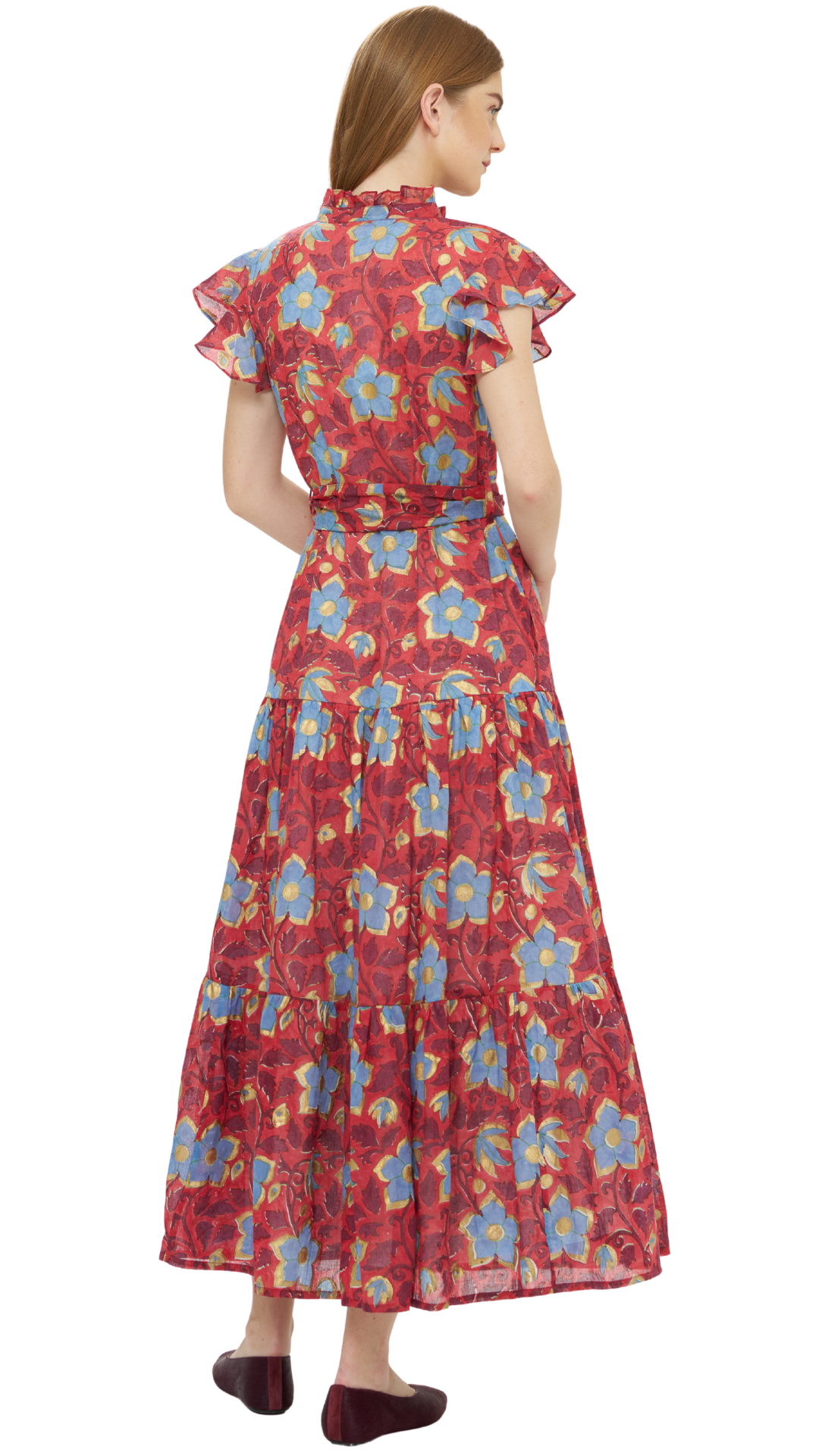 Oliphant Ruffle Collar Button Maxi dress in red floral print with flutter sleeves and tiered skirt