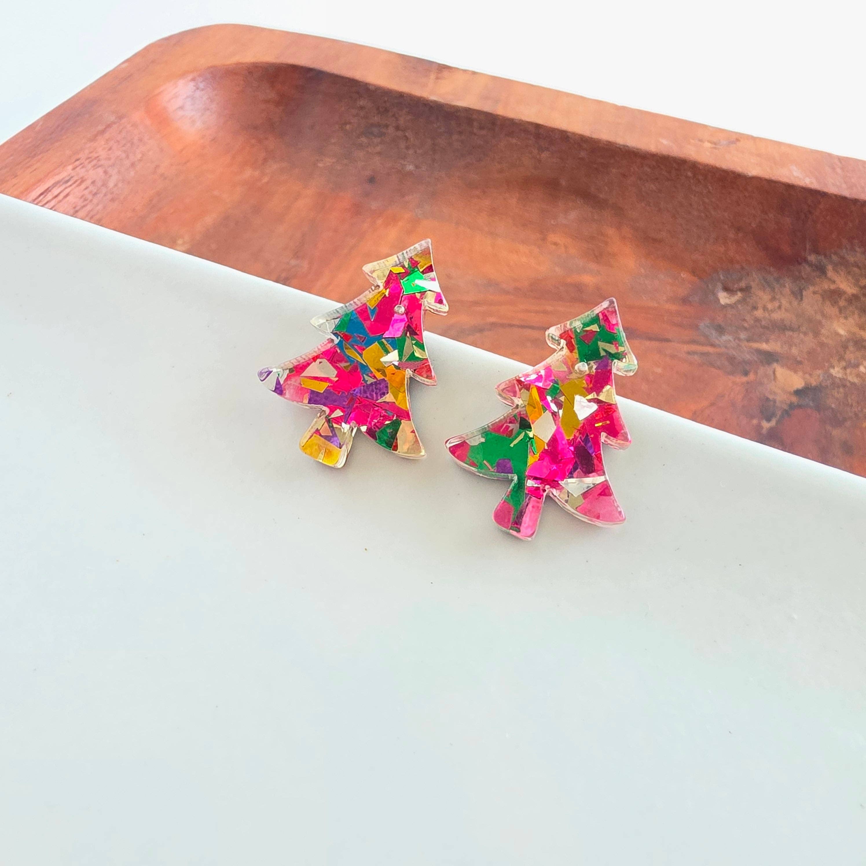 Christmas Tree Studs - Pink Tinsel