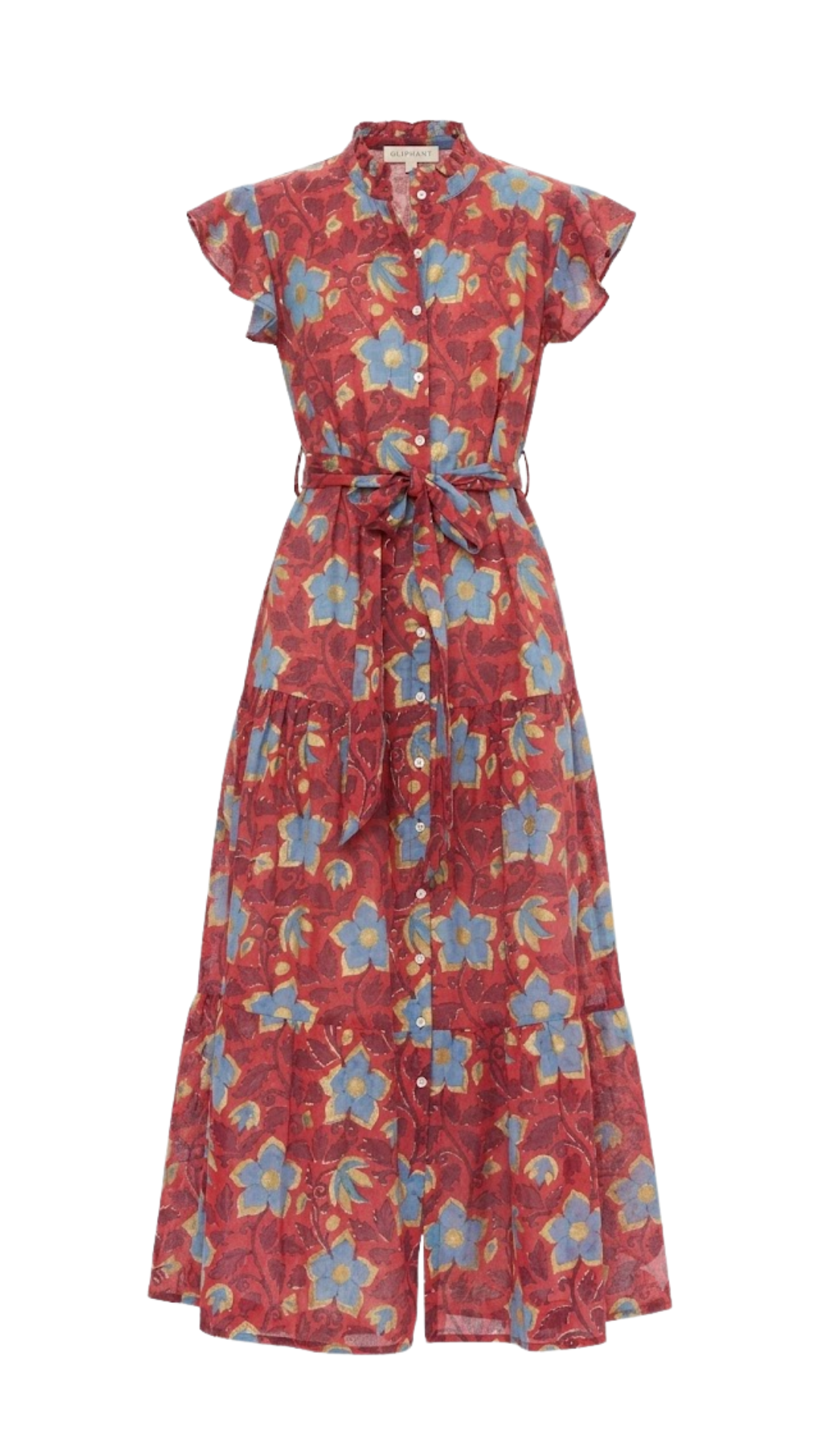 Oliphant red floral maxi dress with ruffle collar, flutter sleeves, and tie waist