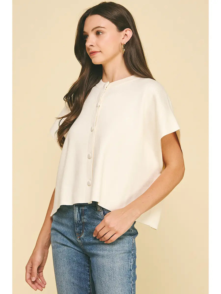Short Sleeve Button Sweater | Ivory
