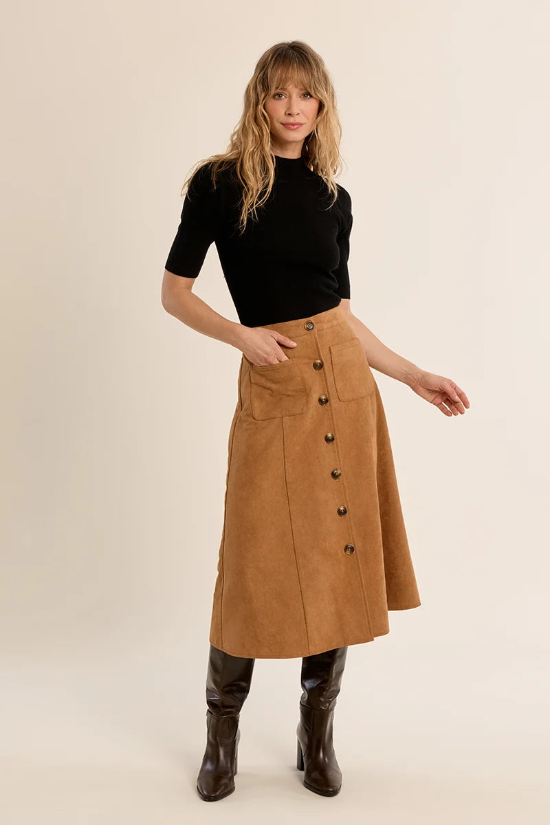 Vegan Suede Button Skirt | Camel