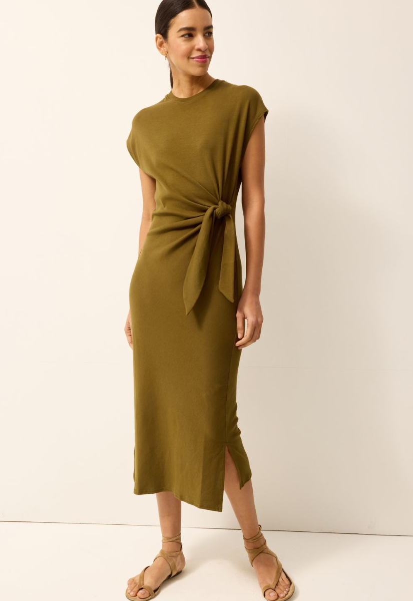 Marie Oliver Elowyn Dress in Juniper Green, midi length with side tie knot detail and cap sleeves