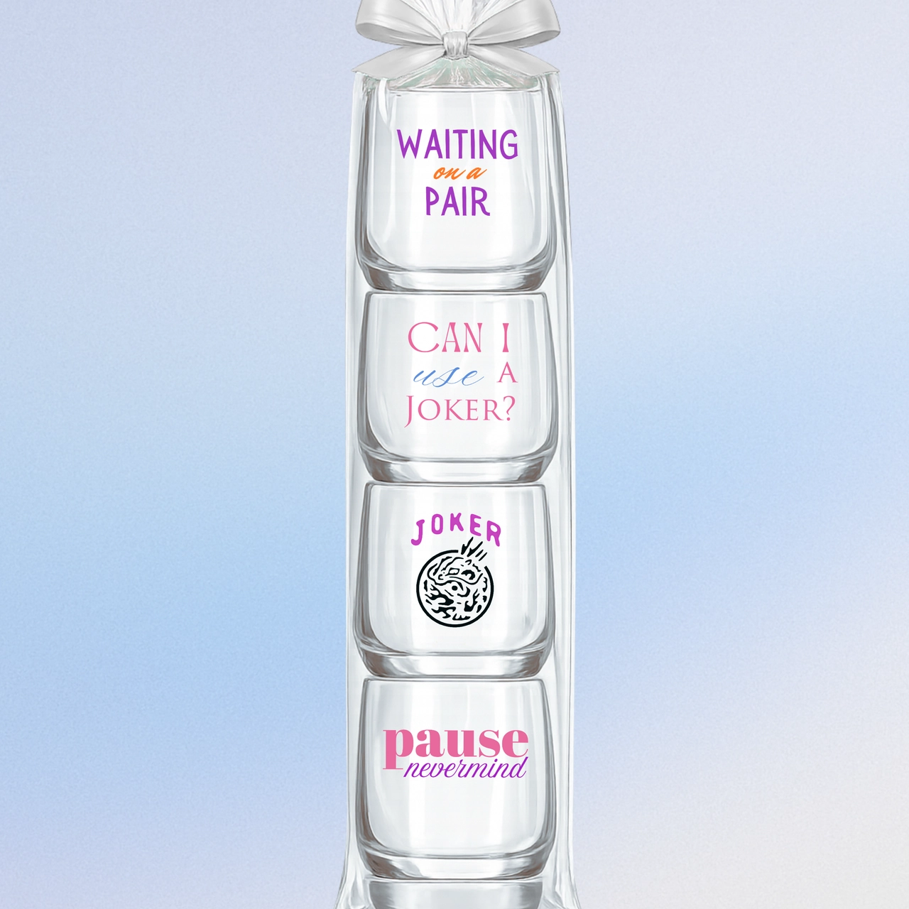 Set of four stacked clear stemless plastic wine glasses with mahjong-themed phrases and silver bow
