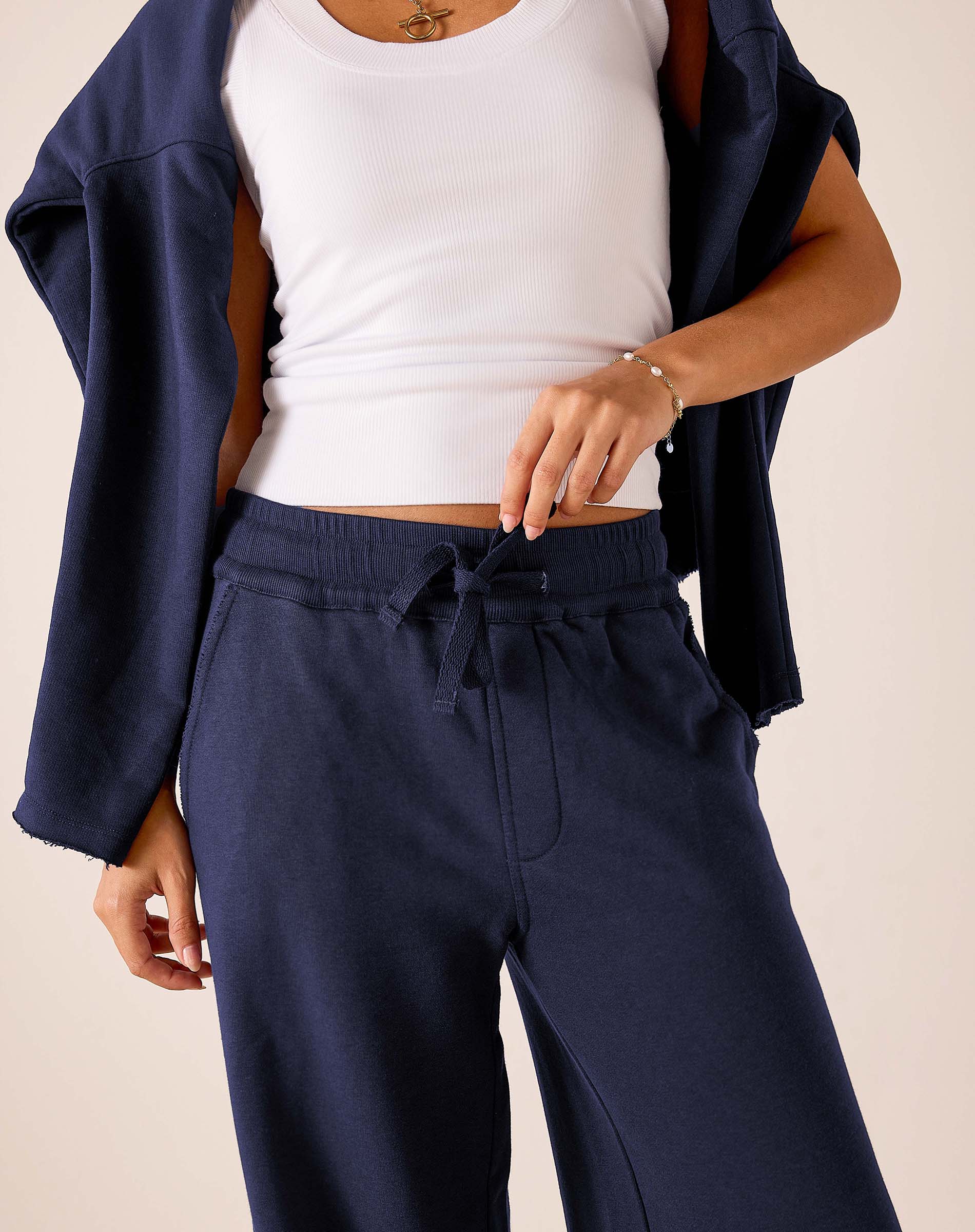 Frenchie Wide Leg Pant in Cadet Blue with elastic drawstring waist and wide leg silhouette
