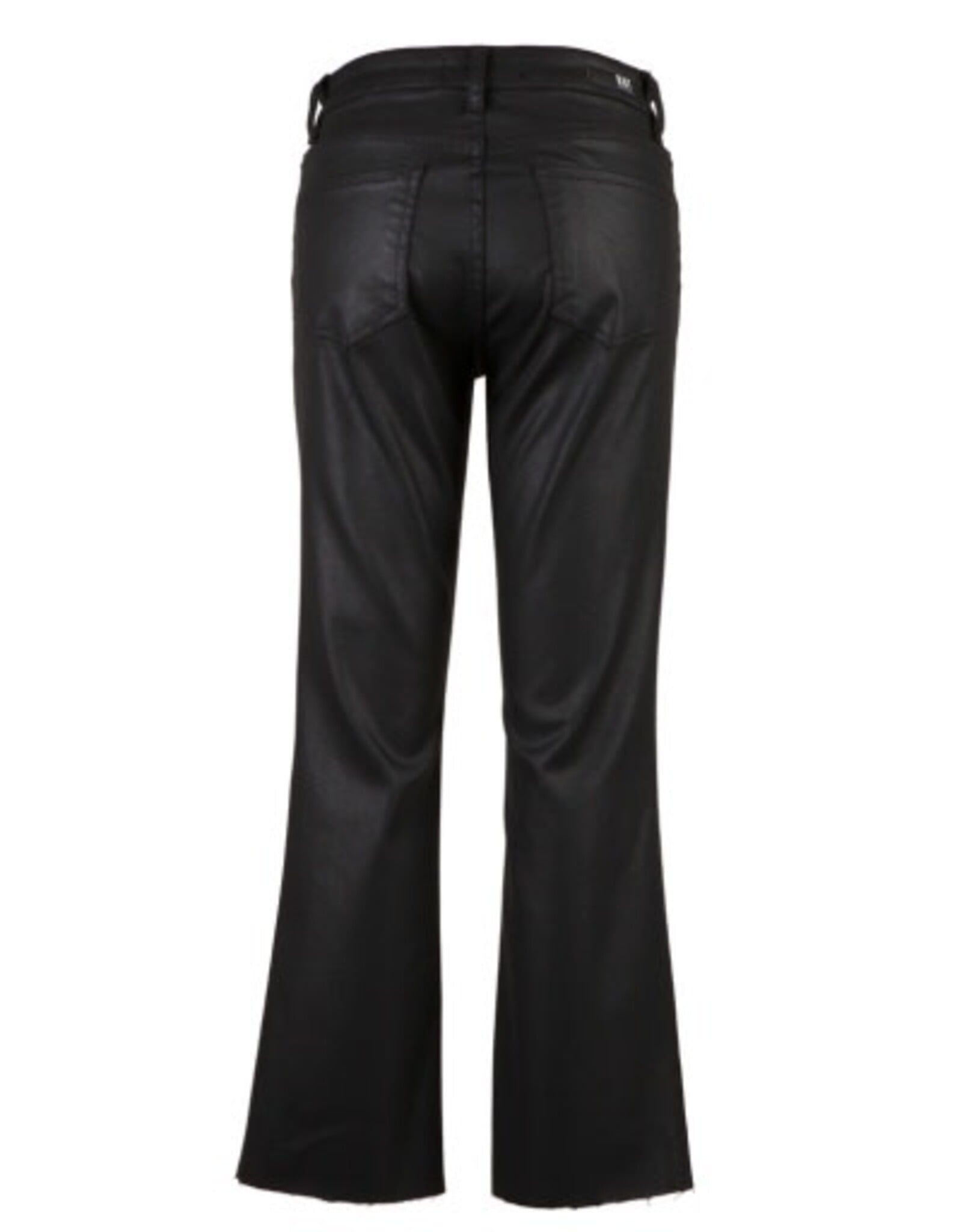 Black coated flare jeans shown from back view on white background