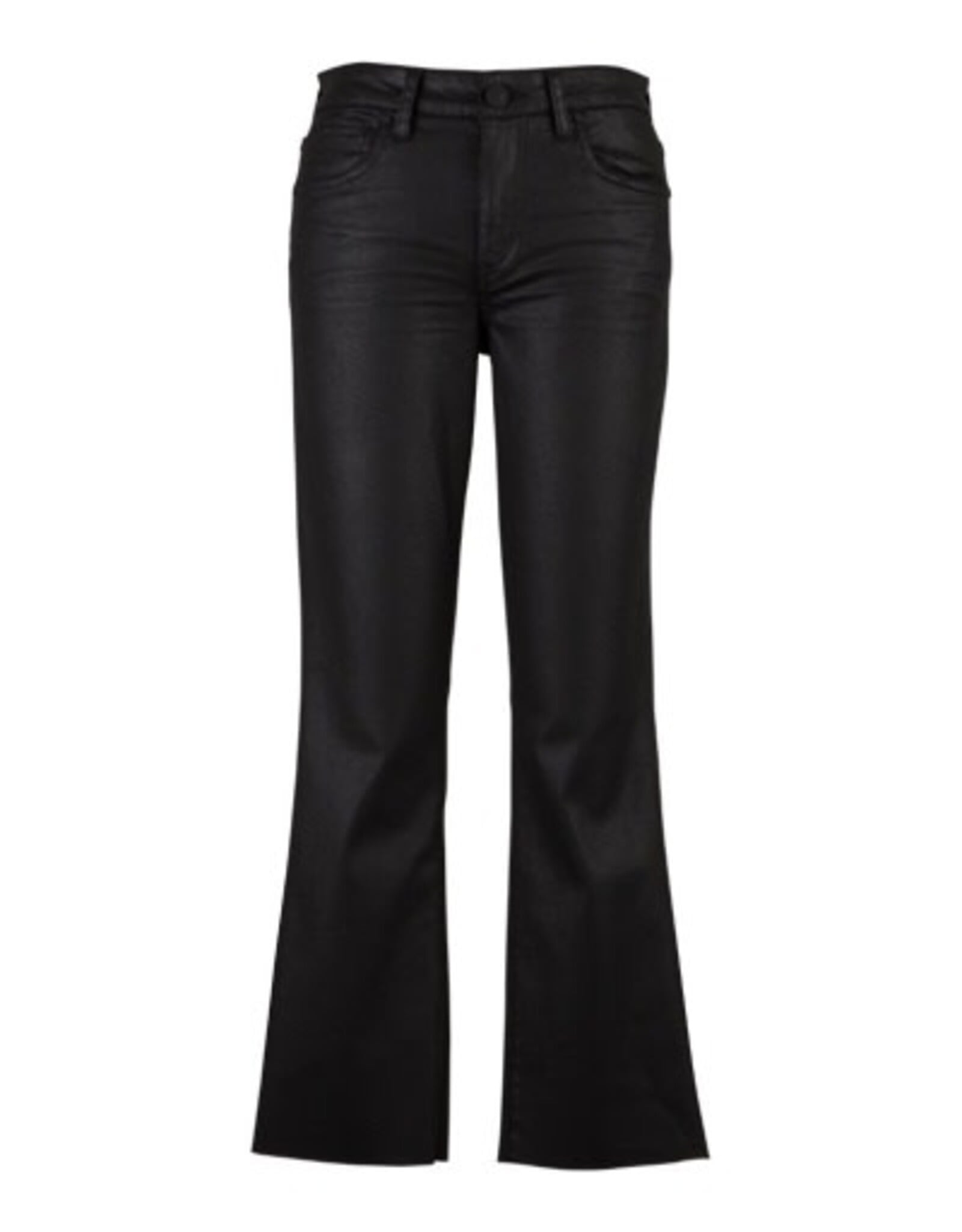 Black coated flare jeans with high waist and bell bottom silhouette on white background