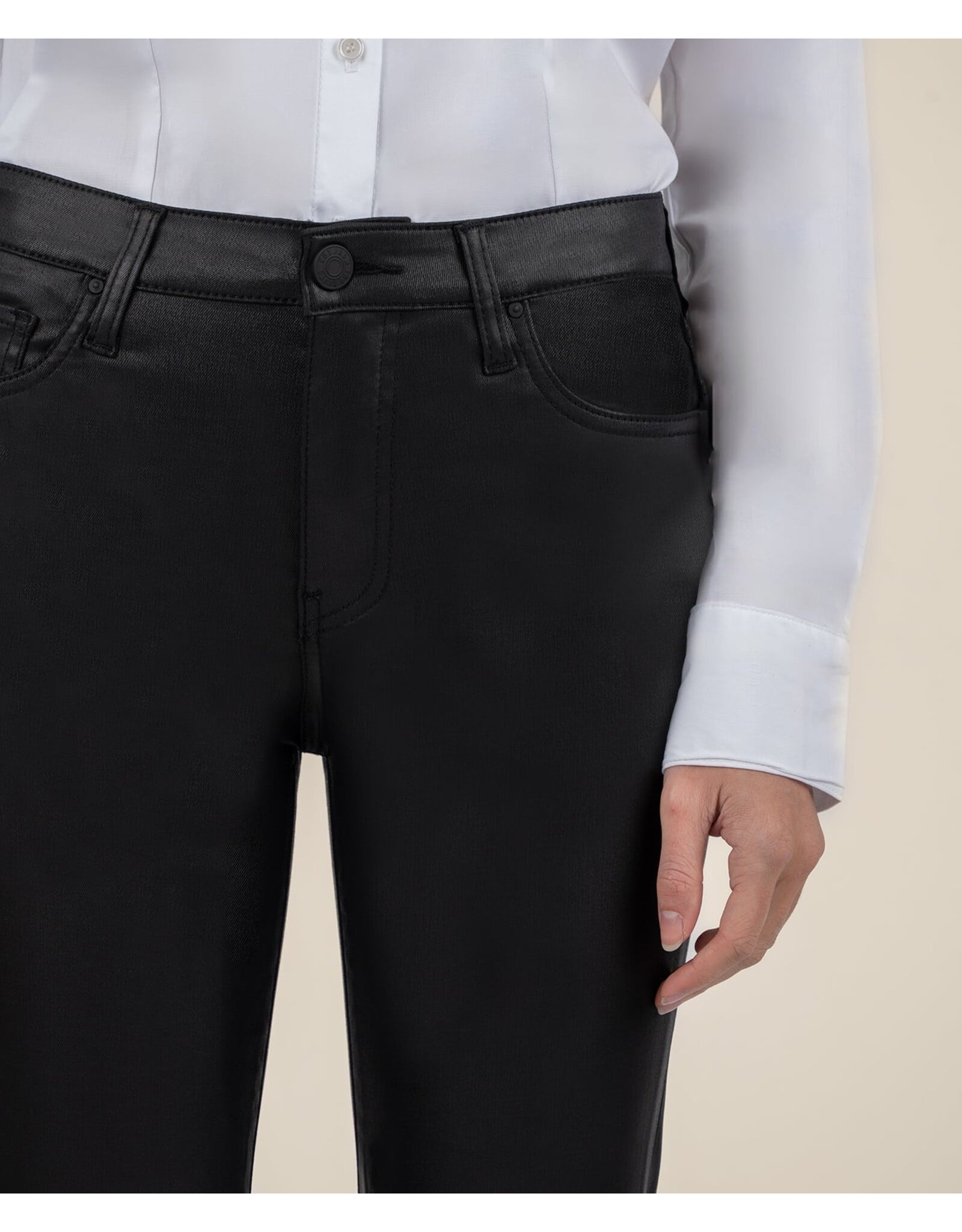 KUT from the Kloth Kelsey Flare jeans in black coated denim with white shirt