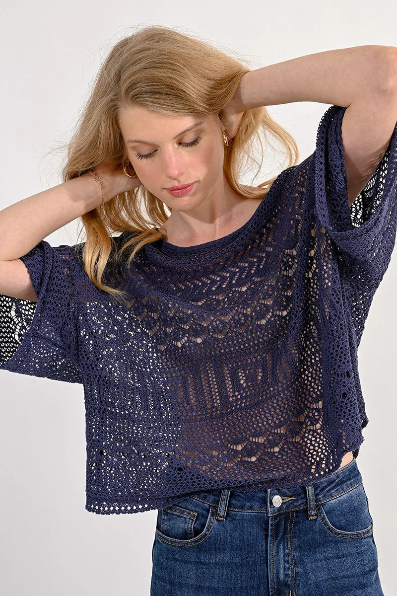 Open Weave Cropped Sweater Navy