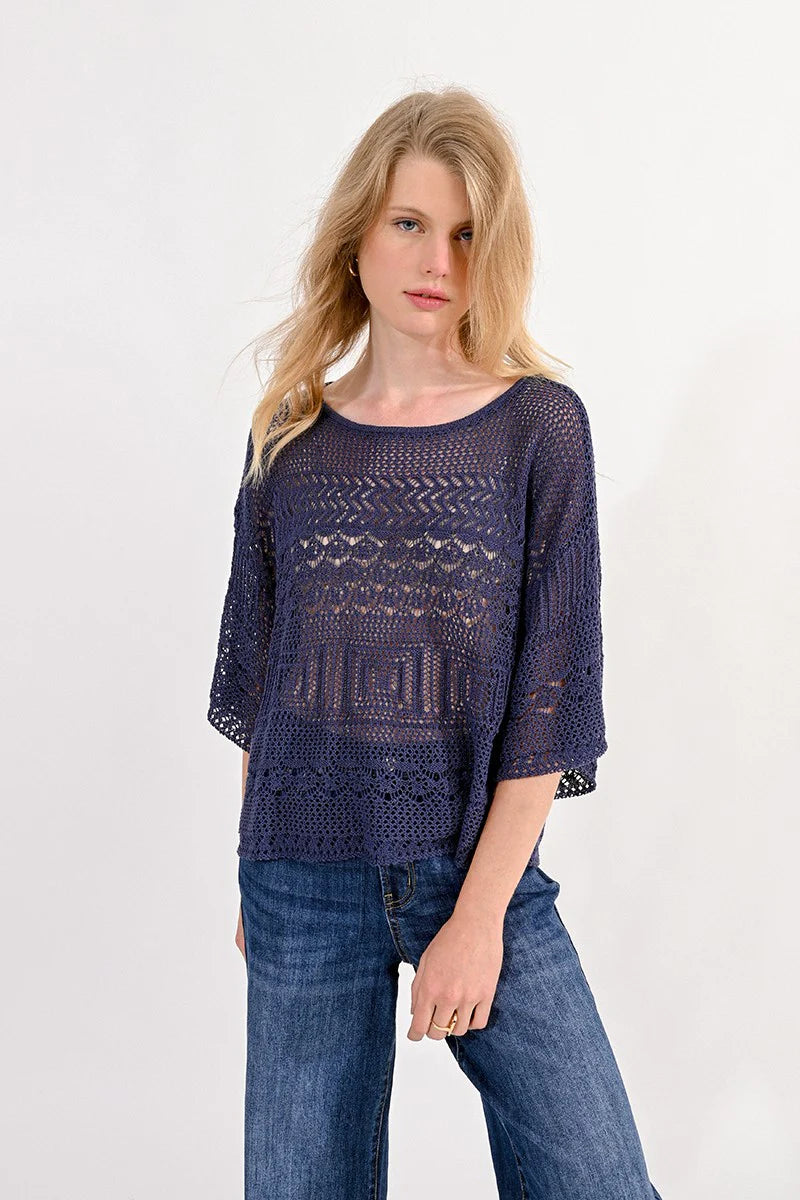 Open Weave Cropped Sweater Navy