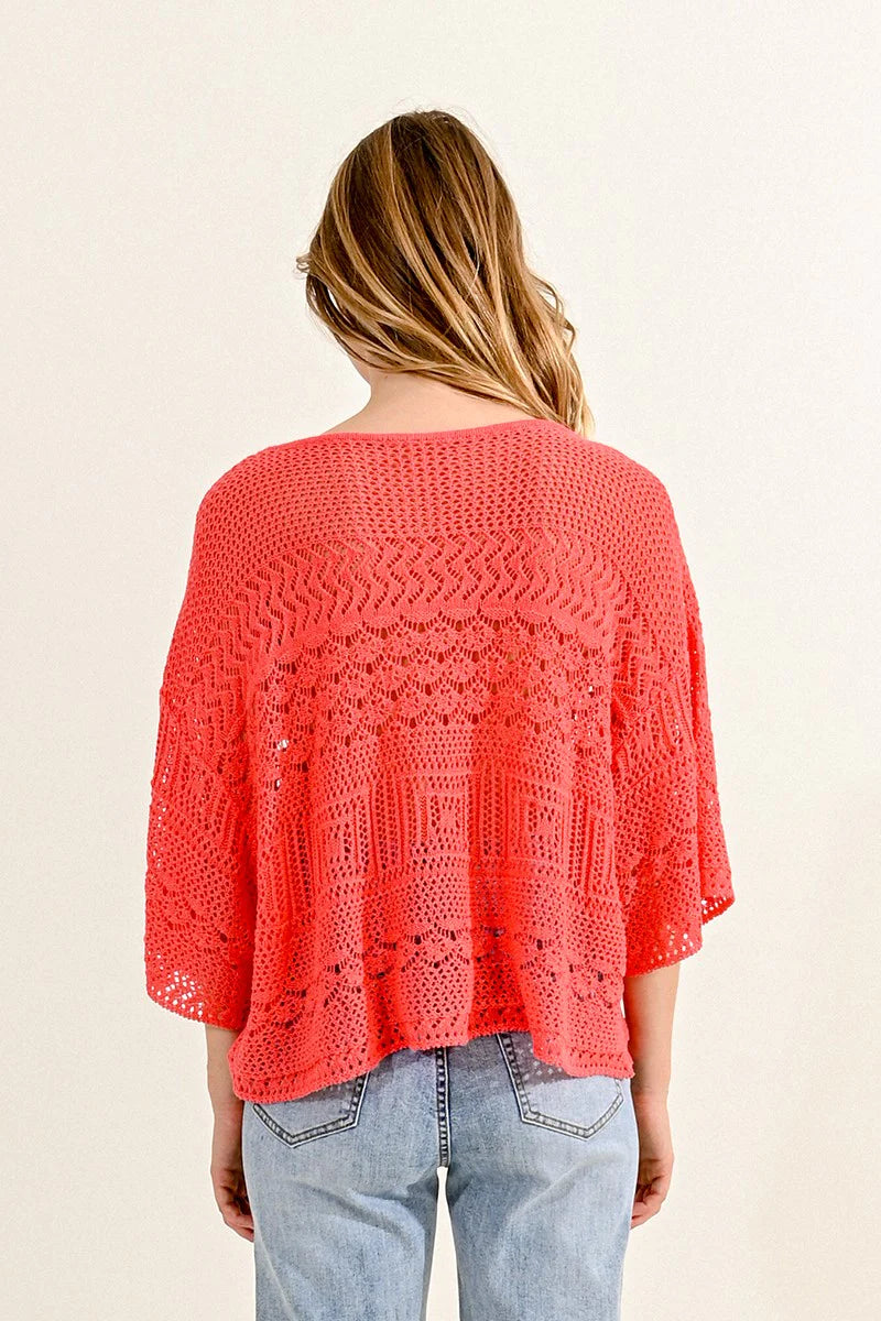 Open Weave Cropped Sweater Coral