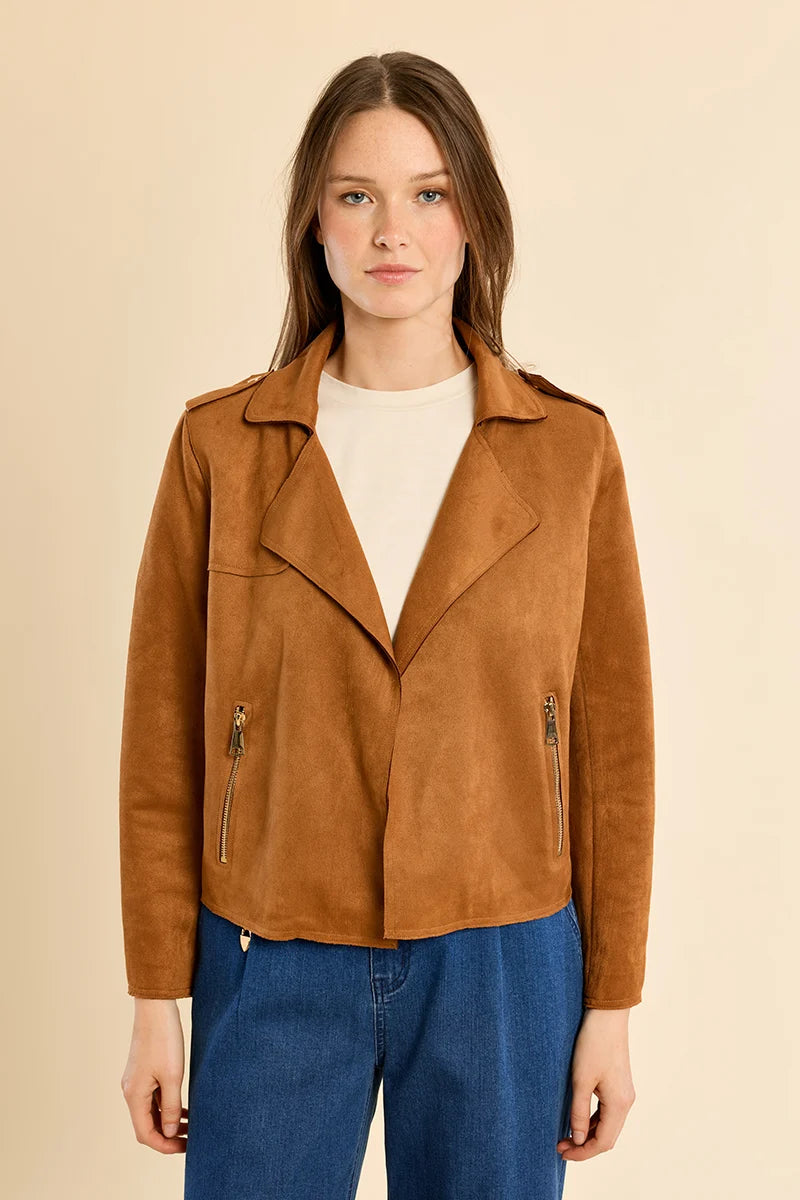 Vegan Suede Zipper Jacket | Camel