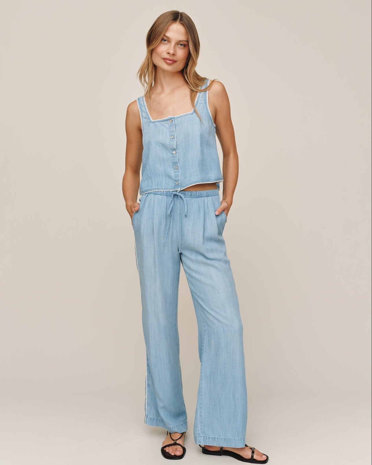 Bella Dahl wide-leg light blue chambray pants with drawstring waist and scallop side seam detail