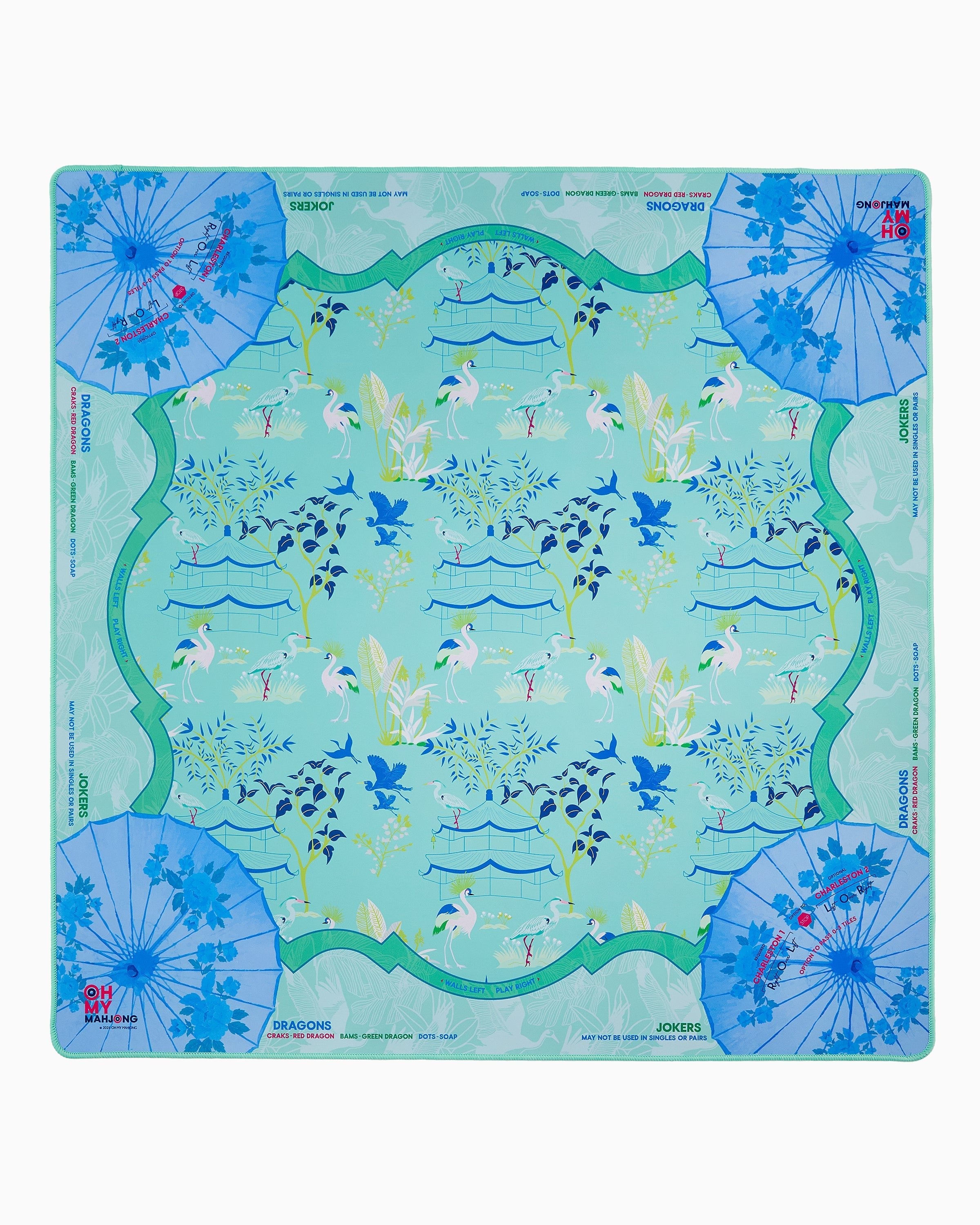 Oh My Mahjong Veranda Mat featuring aqua chinoiserie design with cranes, pagodas, and blue umbrellas
