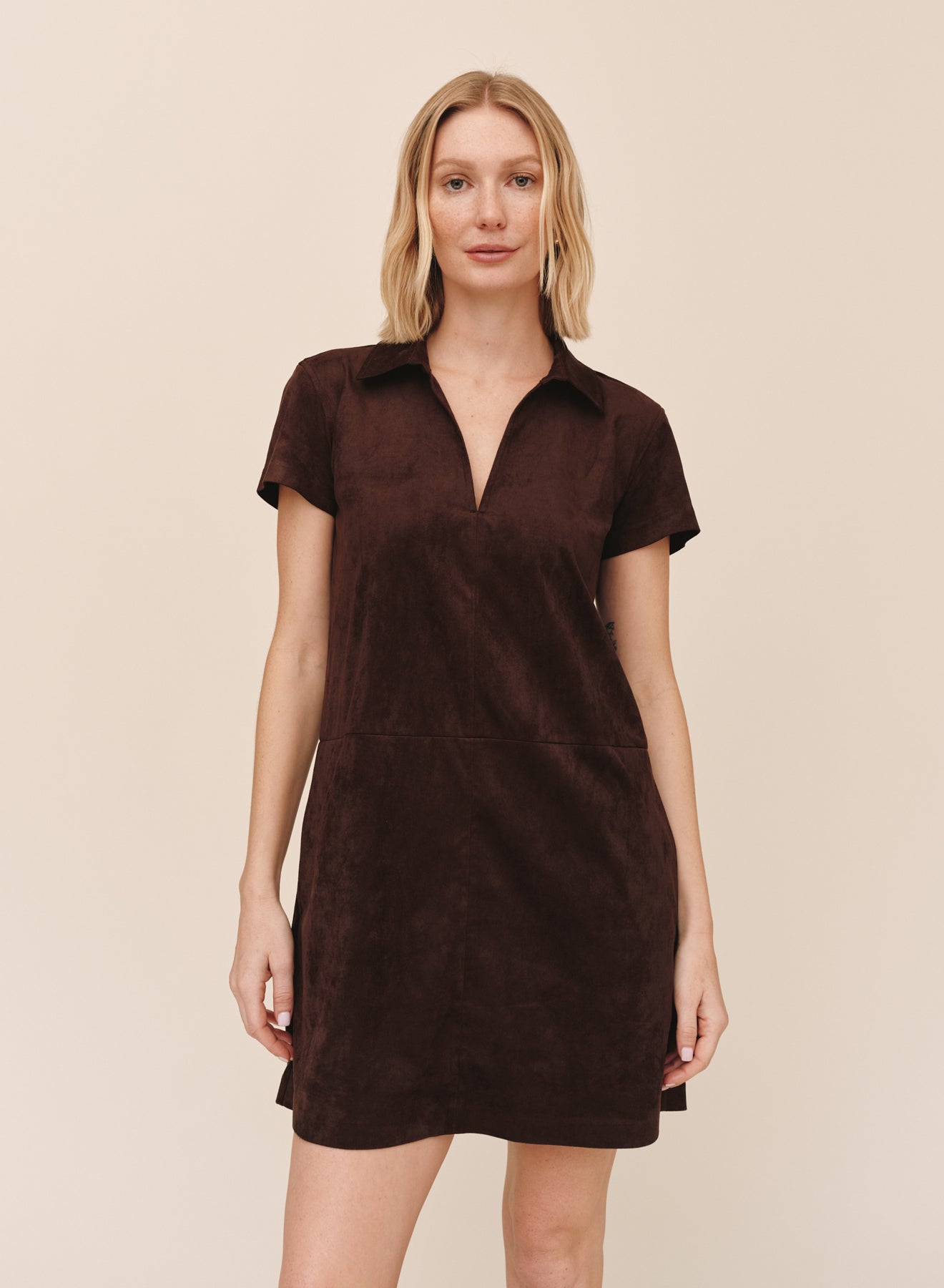 Bella Dahl dark brown faux suede short sleeve A-line polo dress on model