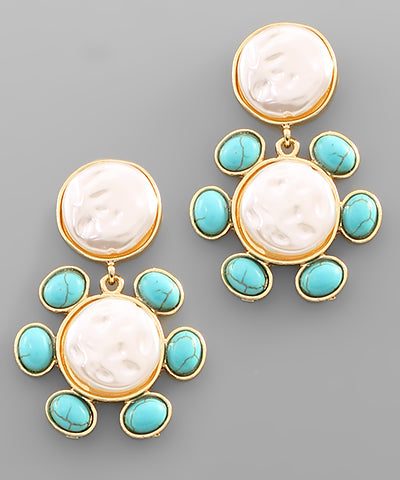 Hammered Pearl Stone Deco Earrings Pearl/Turquoise