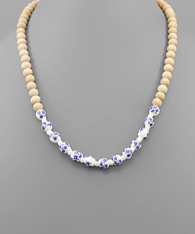 Ceramic & Wood Beads Necklace Natural/Blue